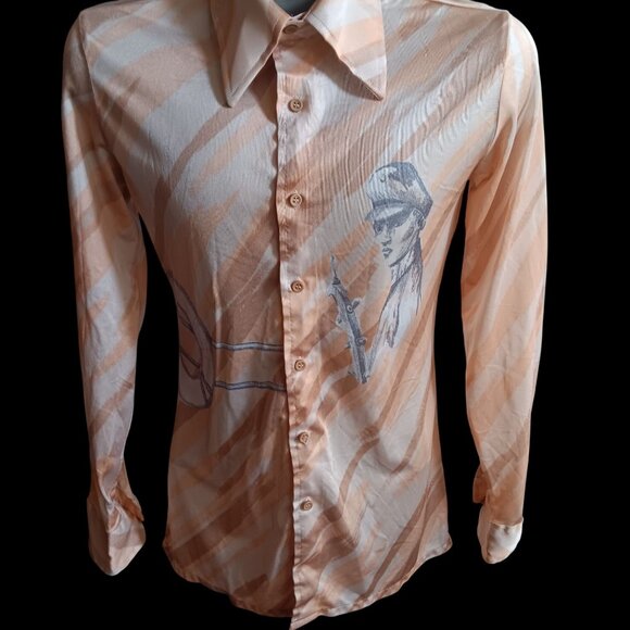 Augie Other - Vintage Men's Disco Shirt Large 1970s Salmon Pink Nautical Sexy Man Woman Print